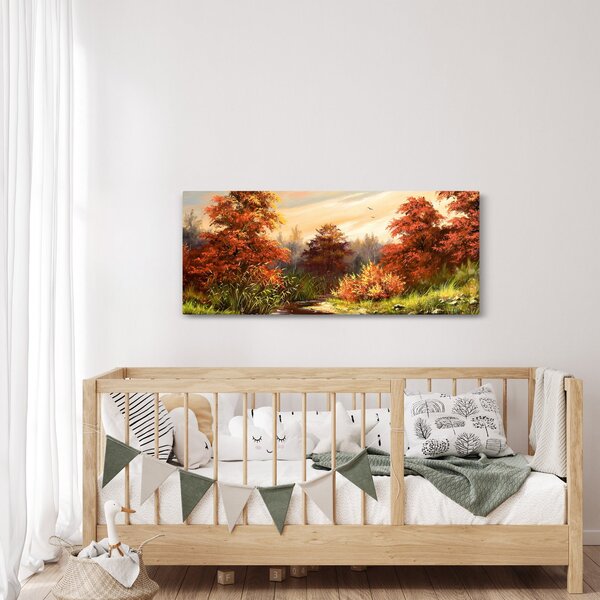 Obraz rieky v jesennej krajine, olejomaľba (120x50 cm)