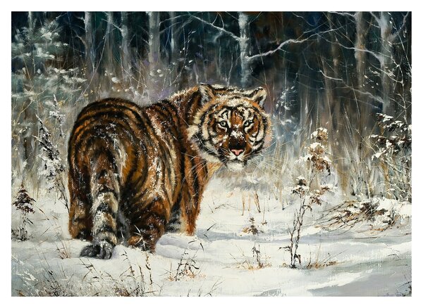 Obraz - Tiger v zasneženom lese, olejomaľba (70x50 cm)