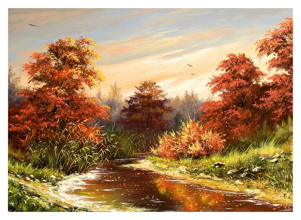 Obraz rieky v jesennej krajine, olejomaľba (70x50 cm)
