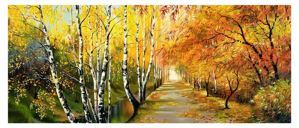 Obraz - Romantická alej pozdĺž vody, olejomaľba (120x50 cm)
