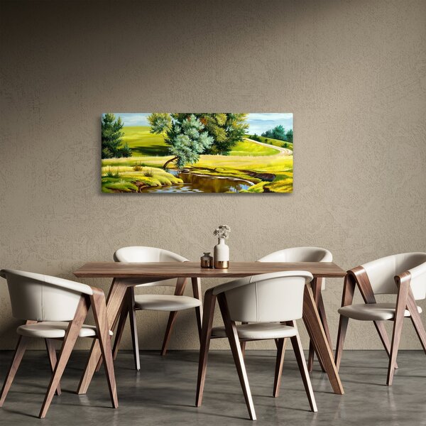 Obraz - Rieka medzi lúkami, olejomaľba (120x50 cm)