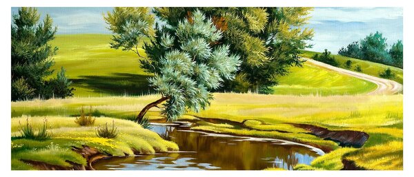 Obraz - Rieka medzi lúkami, olejomaľba (120x50 cm)