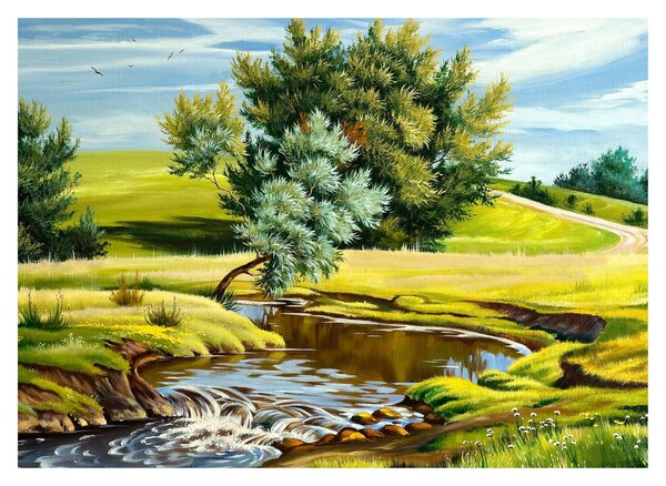 Obraz - Rieka medzi lúkami, olejomaľba (70x50 cm)