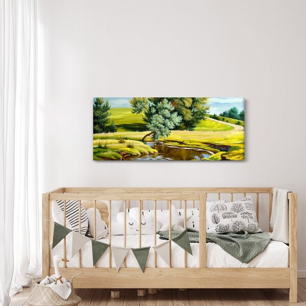 Obraz - Rieka medzi lúkami, olejomaľba (120x50 cm)