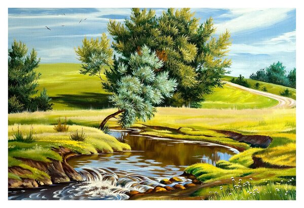Obraz - Rieka medzi lúkami, olejomaľba (90x60 cm)