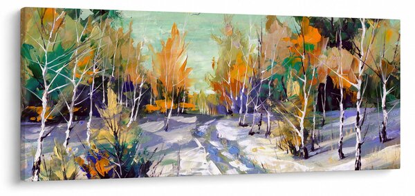Obraz - Zasnežená cesta lesom, olejomaľba (120x50 cm)
