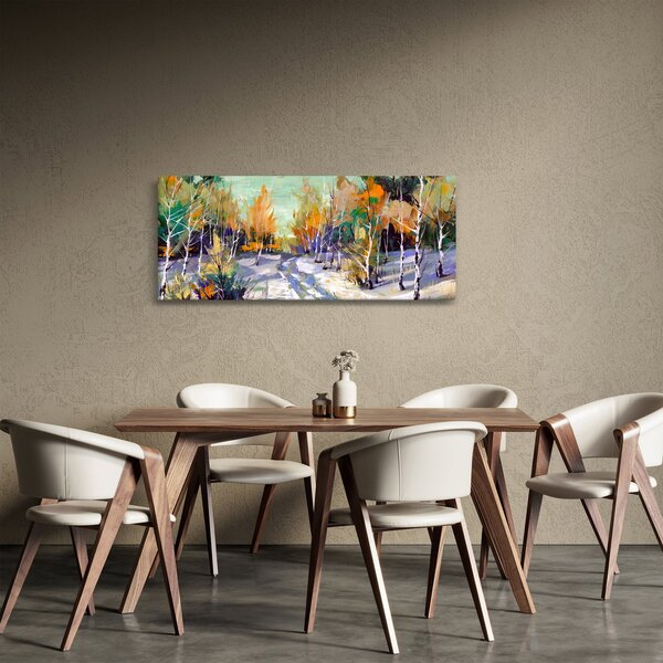 Obraz - Zasnežená cesta lesom, olejomaľba (120x50 cm)