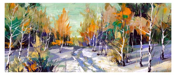 Obraz - Zasnežená cesta lesom, olejomaľba (120x50 cm)