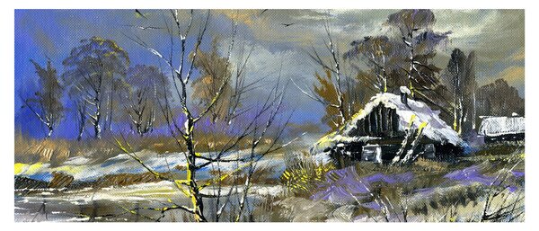 Obraz chalúpky v zimnej krajine, olejomaľba (120x50 cm)