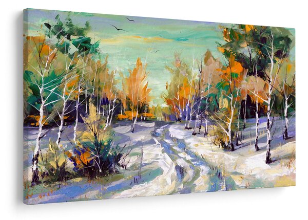 Obraz - Zasnežená cesta lesom, olejomaľba (90x60 cm)