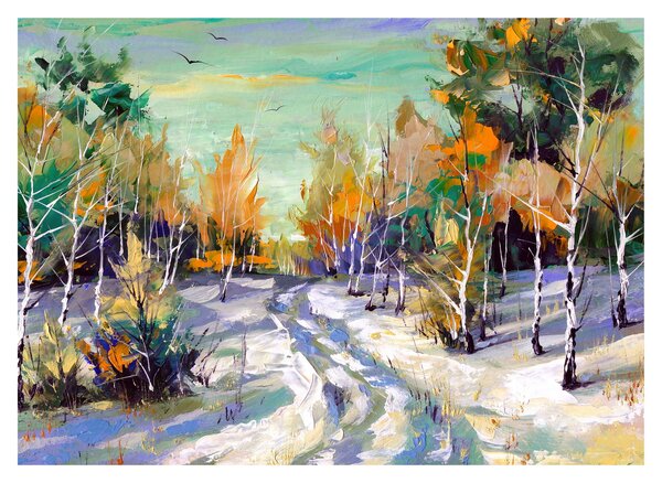 Obraz - Zasnežená cesta lesom, olejomaľba (70x50 cm)