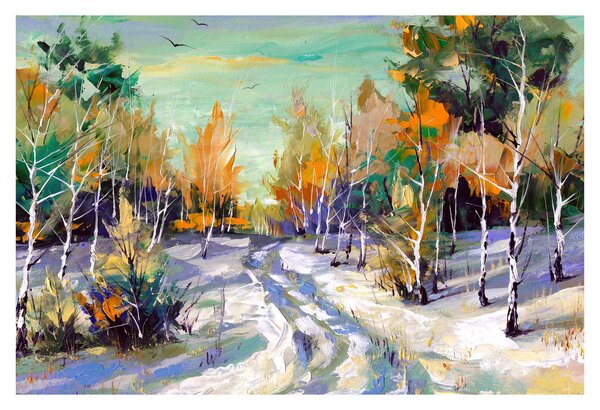 Obraz - Zasnežená cesta lesom, olejomaľba (90x60 cm)