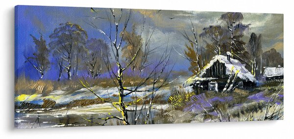 Obraz chalúpky v zimnej krajine, olejomaľba (120x50 cm)
