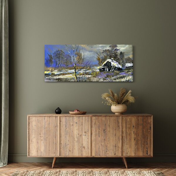 Obraz chalúpky v zimnej krajine, olejomaľba (120x50 cm)