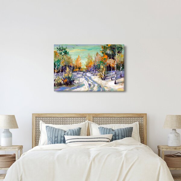 Obraz - Zasnežená cesta lesom, olejomaľba (90x60 cm)