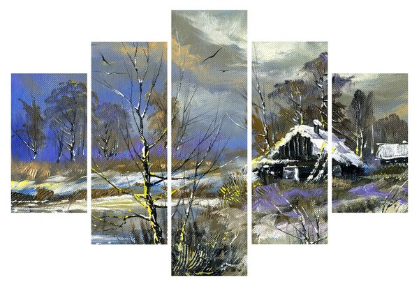 Obraz chalúpky v zimnej krajine, olejomaľba (150x105 cm)
