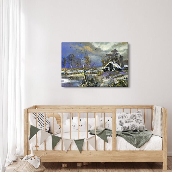 Obraz chalúpky v zimnej krajine, olejomaľba (90x60 cm)