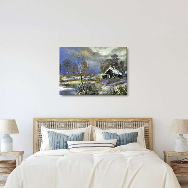 Obraz chalúpky v zimnej krajine, olejomaľba (70x50 cm)
