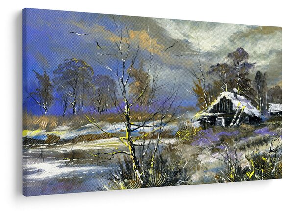 Obraz chalúpky v zimnej krajine, olejomaľba (90x60 cm)