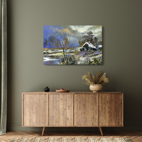 Obraz chalúpky v zimnej krajine, olejomaľba (90x60 cm)