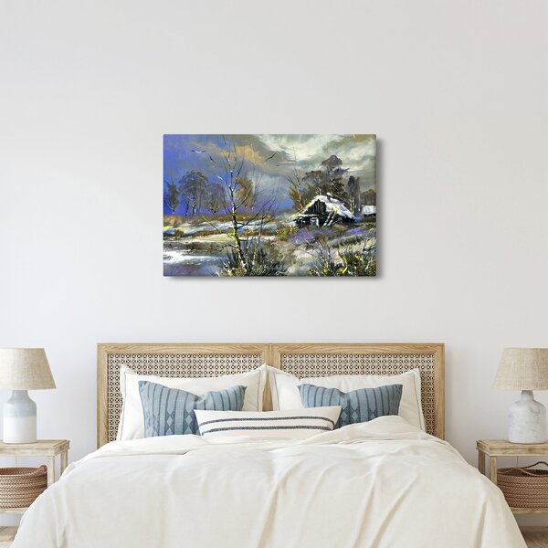 Obraz chalúpky v zimnej krajine, olejomaľba (90x60 cm)