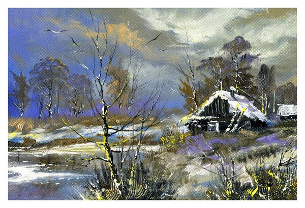 Obraz chalúpky v zimnej krajine, olejomaľba (90x60 cm)