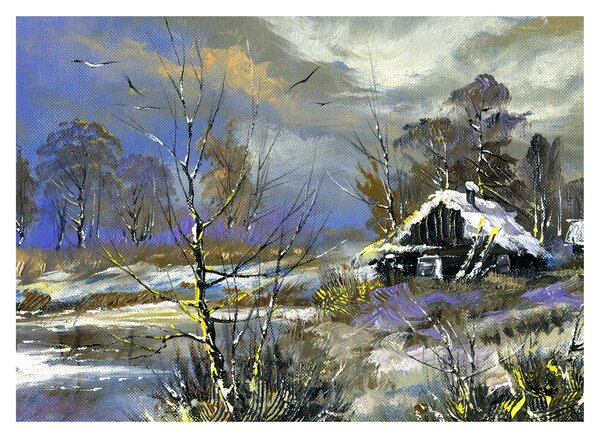 Obraz chalúpky v zimnej krajine, olejomaľba (70x50 cm)