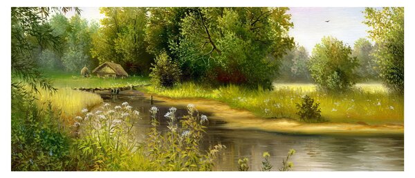Obraz - Rieka pri lese, olejomaľba (120x50 cm)