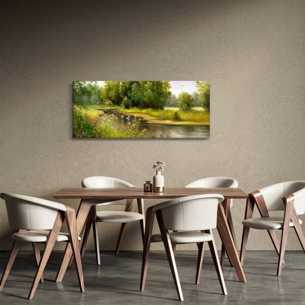 Obraz - Rieka pri lese, olejomaľba (120x50 cm)