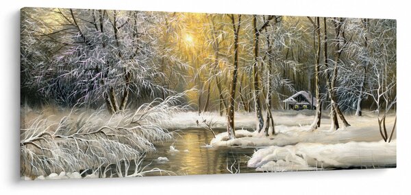 Obraz - Chalúpka v lese, olejomaľba (120x50 cm)