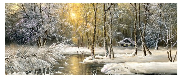 Obraz - Chalúpka v lese, olejomaľba (120x50 cm)