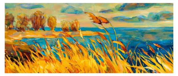 Obraz - Západajúce slnko nad jazerom, akrylová maľba (120x50 cm)