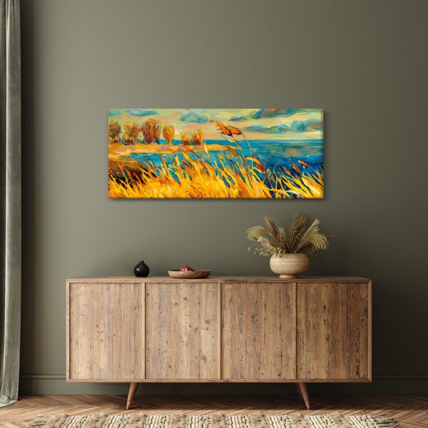 Obraz - Západajúce slnko nad jazerom, akrylová maľba (120x50 cm)