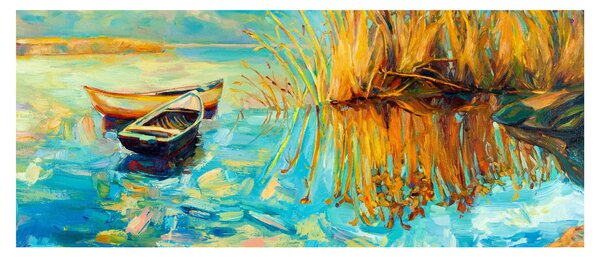 Obraz - Jazero s loďkami (120x50 cm)
