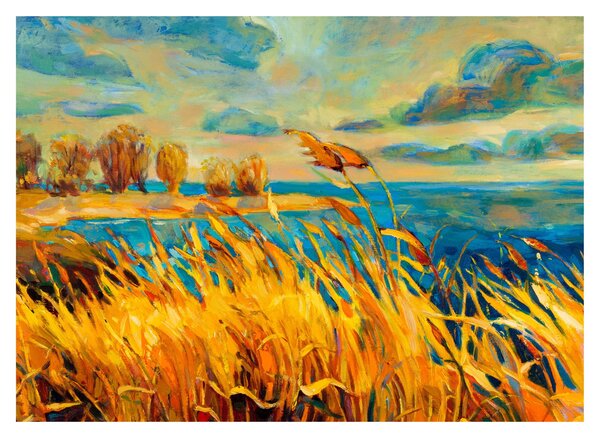 Obraz - Západajúce slnko nad jazerom, akrylová maľba (70x50 cm)