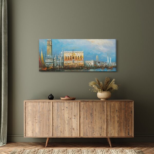Obraz - Gondola prechádzajúca Benátkami, olejomaľba (120x50 cm)