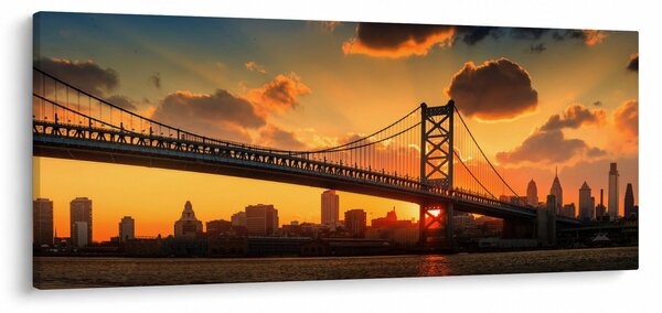 Obraz - Západ slnka nad mostom Bena Franklina, Filadelfia (120x50 cm)