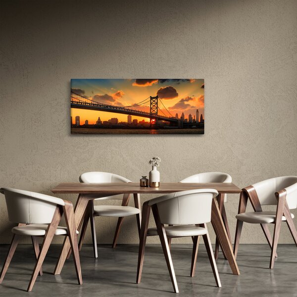 Obraz - Západ slnka nad mostom Bena Franklina, Filadelfia (120x50 cm)