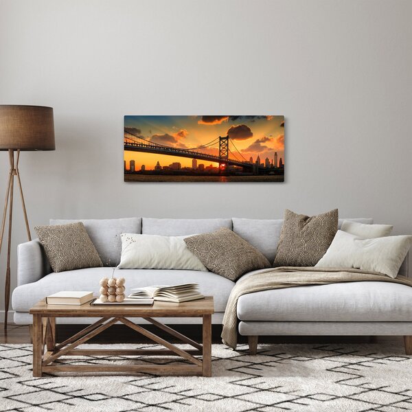 Obraz - Západ slnka nad mostom Bena Franklina, Filadelfia (120x50 cm)