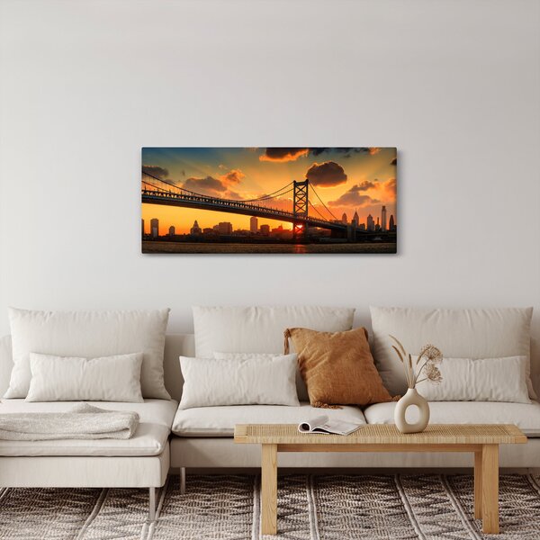 Obraz - Západ slnka nad mostom Bena Franklina, Filadelfia (120x50 cm)