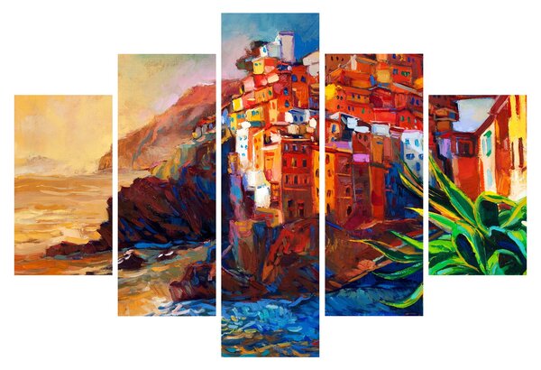 Obraz - Dedina na pobreží Cinque Terre, Talianska riviéra, moderný impresionizmus (150x105 cm)