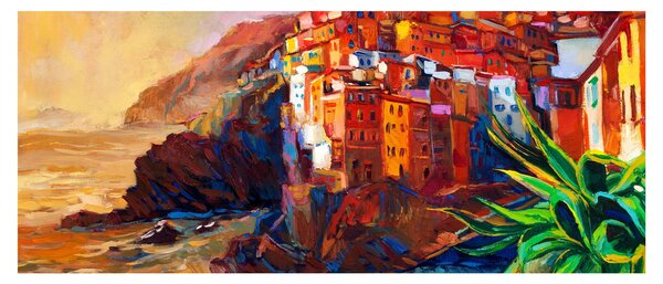 Obraz - Dedina na pobreží Cinque Terre, Talianska riviéra, moderný impresionizmus (120x50 cm)