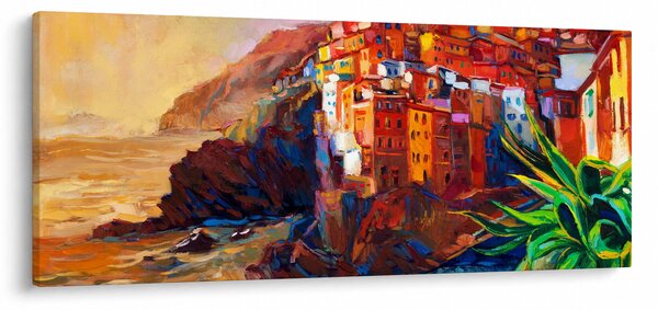 Obraz - Dedina na pobreží Cinque Terre, Talianska riviéra, moderný impresionizmus (120x50 cm)