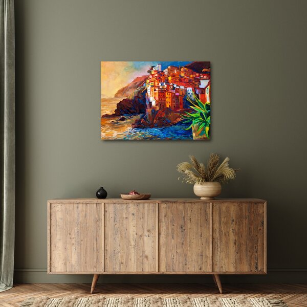 Obraz - Dedina na pobreží Cinque Terre, Talianska riviéra, moderný impresionizmus (70x50 cm)