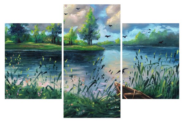 Obraz - Olejomaľba, Letný podvečer pri jazere (90x60 cm)