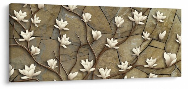Obraz - Biele magnólie na kamennom murive (120x50 cm)