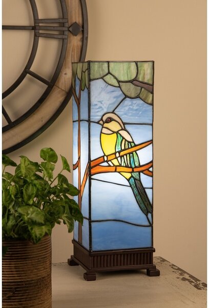 Modrá stolná lampa Tiffany s vtáčikom Birdie - 18*18*48 cm E14/max 1*40W - Clayre & Eef