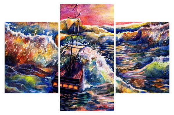 Obraz - Loď na oceánskych vlnách, aquarel (90x60 cm)