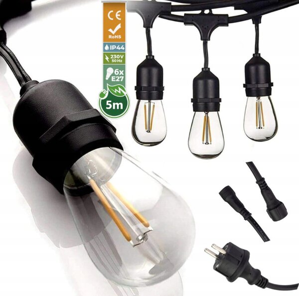 EcoPLANET Záhradná girlanda 5m + 6x 1W LED žiarovka