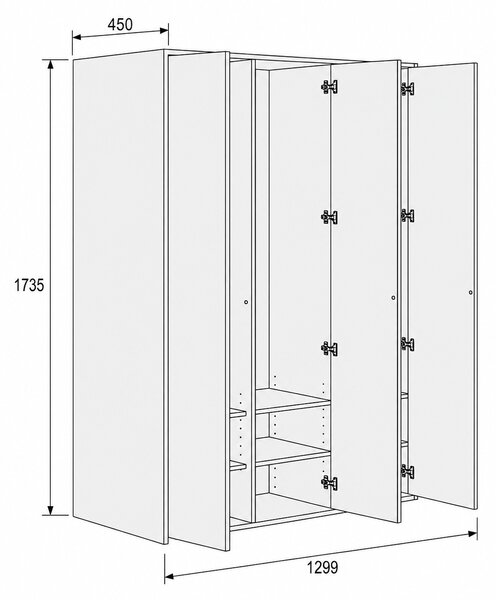 Šatníková skriňa FRAME, 3 oddiely, 1299 x 450 x 1735 mm, PUSH-lock, orech